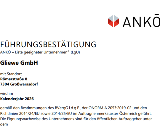 Gliewe GmbH 2026 in der ANKÖ-Liste geeigneter Unternehmen geführt