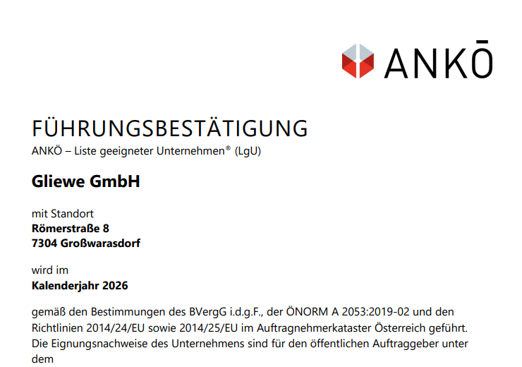 Gliewe GmbH 2026 in der ANKÖ-Liste geeigneter Unternehmen geführt