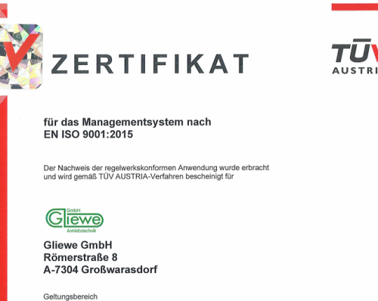 Gliewe GmbH jetzt nach ISO 9001:2015 zertifiziert durch TÜV AUSTRIA