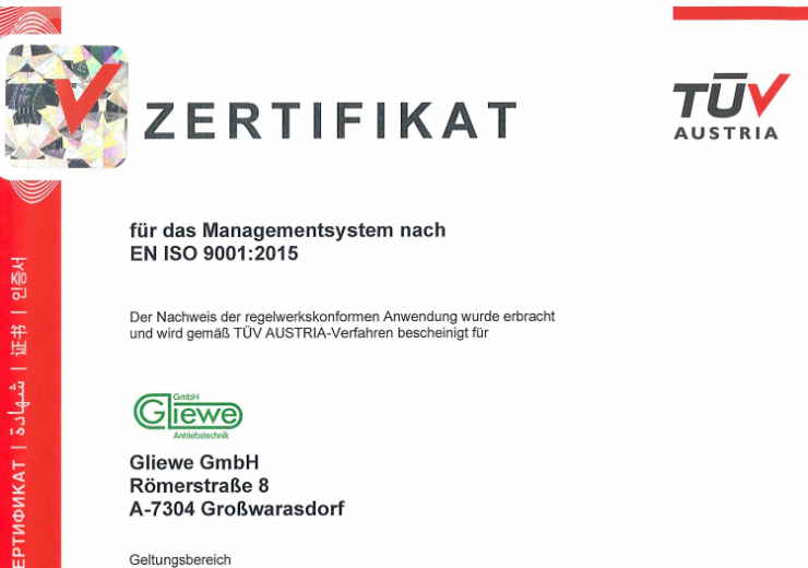Gliewe GmbH jetzt nach ISO 9001:2015 zertifiziert durch TÜV AUSTRIA
