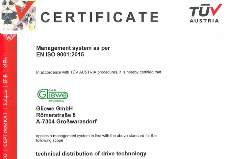 Gliewe GmbH now ISO 9001:2015 certified by TÜV AUSTRIA