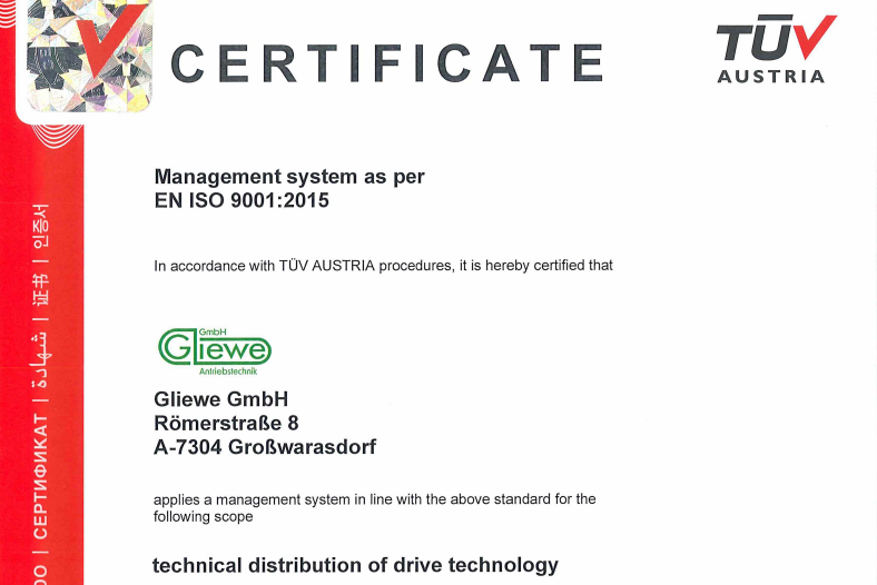 Gliewe GmbH now ISO 9001:2015 certified by TÜV AUSTRIA
